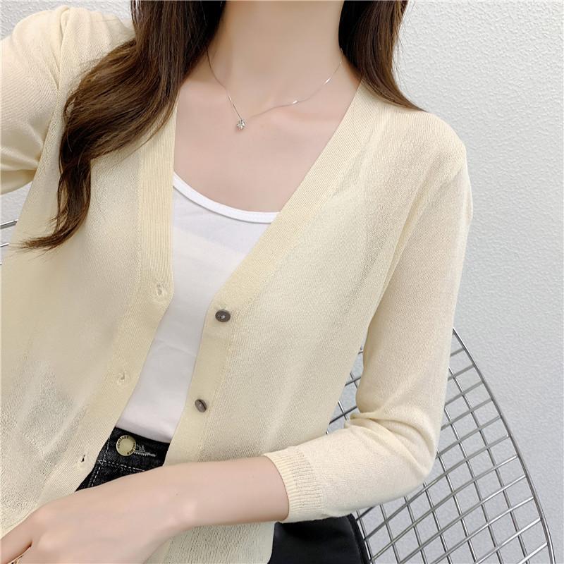 Sommer Eis Seide Dreiviertel Ärmel Kurz Gestrickte Strickjacke für Damen, Ultra-dünner Außenmantel Schal, Klimaanlagen Hemd, Sonnenschutz Jacke,