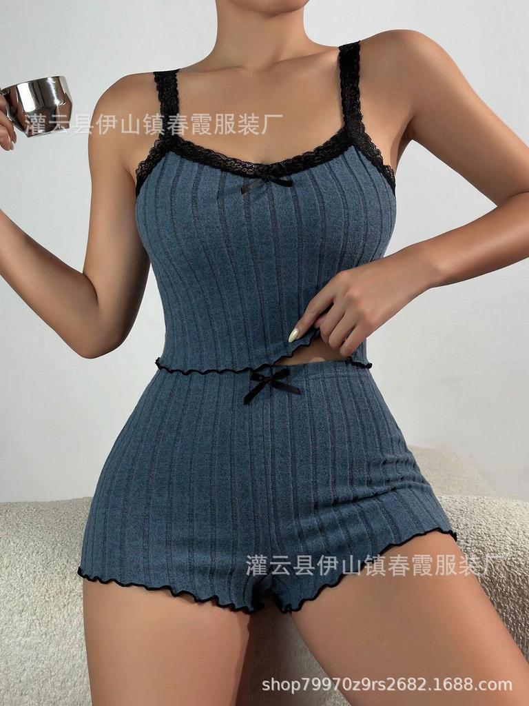 Large size pajamas women's sexy lace edge short-sleeved suspender shorts polished pit strip loungewear