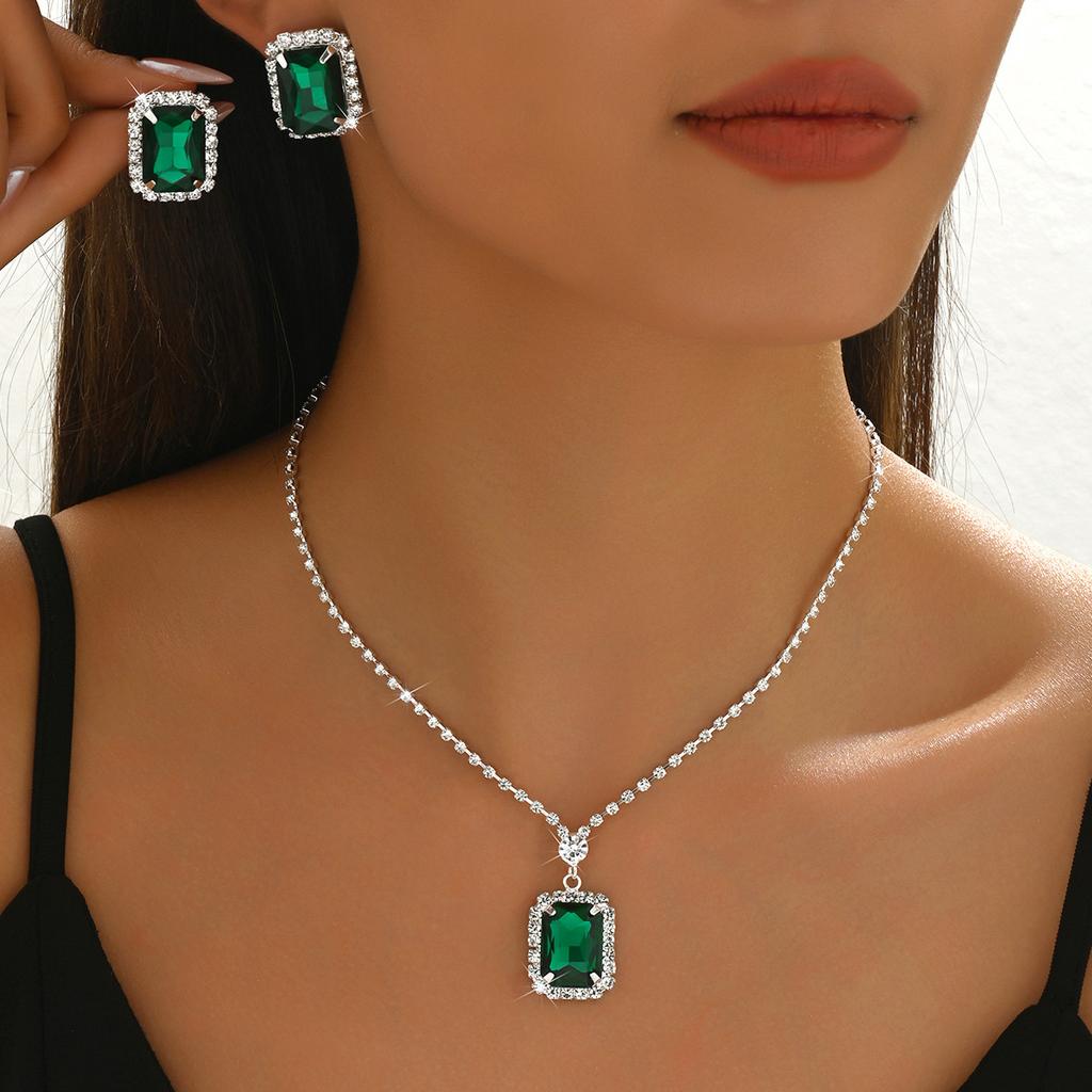 Square Water Drop Jewelry Two-Piece Necklace Earrings Square Pendant