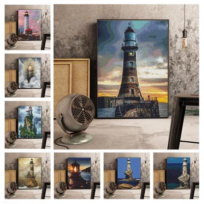 Faro con vista sul mare Pittura con diamante 3D personalizzata Pittura su tela personalizzata 20x15 cm