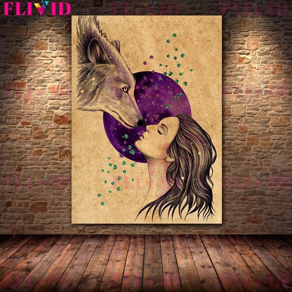 Wolf Woman And And Moon Wicca Vintage Wall Art Canvas Painting Daughters Of The Moon Art Poster And Print Home Decor No Frame