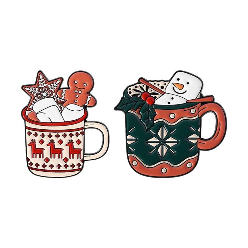 Winter Holiday Snowman Cup Brooch Elk Gingersnap Alloy Enamel Pin Decorative Accessory For Clothes Bags Jewelry