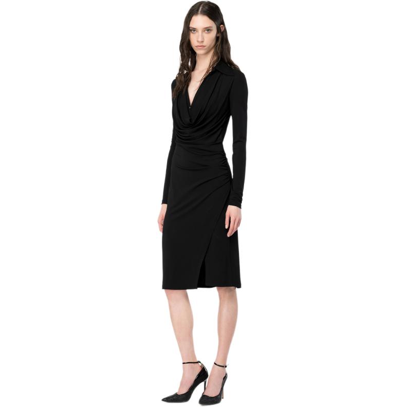 PINKO Solid Color V-Neck Pleated Waist Slim Fit Midi Long Sleeve Dress Women dresses Black 103052A1L0-Z99