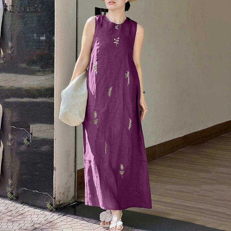 ZANZEA Women Casual Round Neck Print Loose Sleeveless Dress