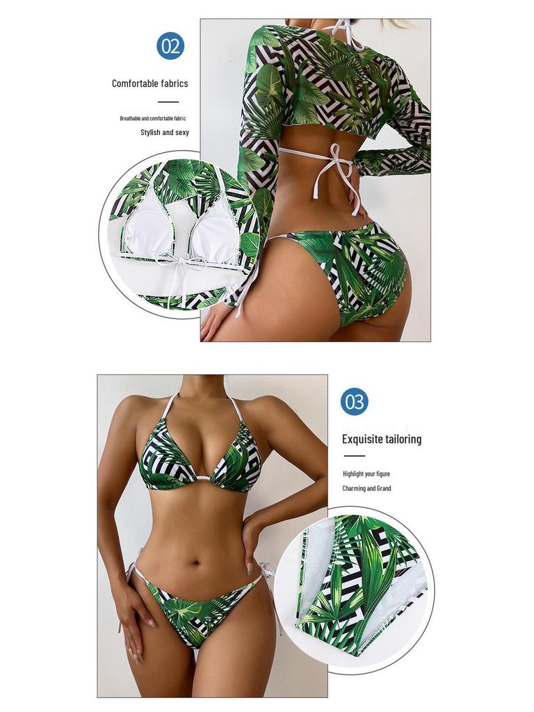 2024 Euro-American Mesh Hollow Out Drawstring Bikini Set - Three-Piece Swimwear