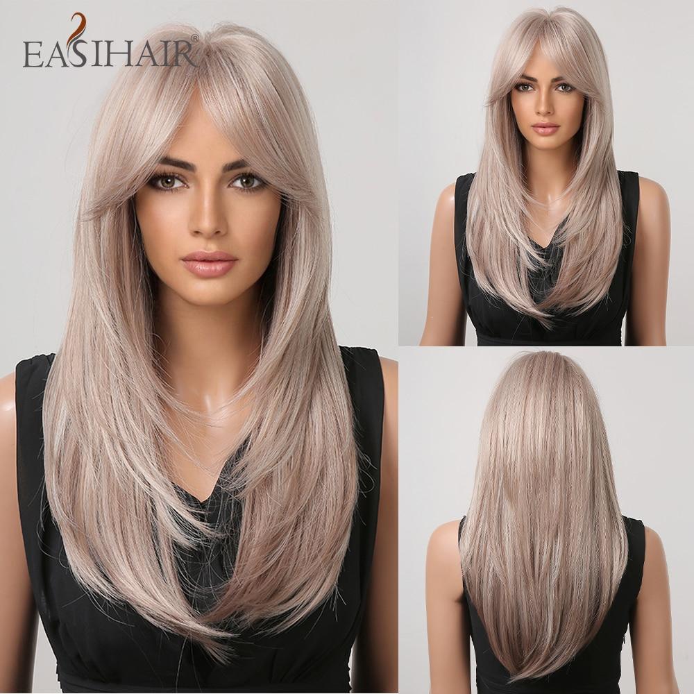 EASIHAIR Dlouhé rovné paruky s ofinou Tmavě hnědá s blond melír Syntetické paruky pro ženy Denní paruky do vlasů Odolné vůči teplu