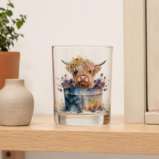 Bicchiere in Vetro Mucca delle Highlands, Bicchiere Termico Acquerello Floreale Dipinto a Mano, Tazza Trasparente per Latte Caffè Whiskey, Regalo per Amanti degli Animali