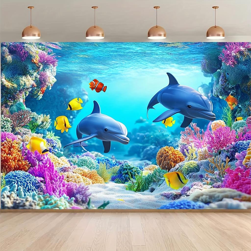 1Pcs background banner, dolphin coral underwater world pattern, indoor and outdoor ocean themed party decoration