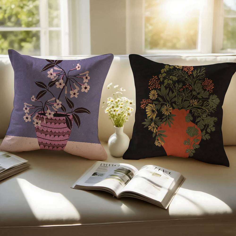 Vintage Vase Print Pillow Case Sofa and Living Room Decorative Cushion Covers Dust-proof and Mite-proof Invisible Zipper