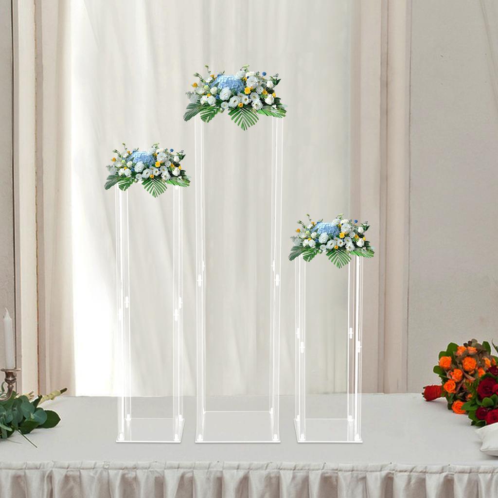 3-Piece Acrylic Wedding Flower Stand Set, Modern Rectangular Floral Display Rack, 60cm 80cm 100cm Tiered Centerpiece Holder