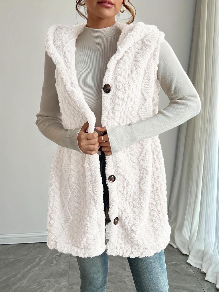 European-American Solid Color Double-Sided Plush Hooded Button Cardigan - Casual Women's Autumn/Winter Vest