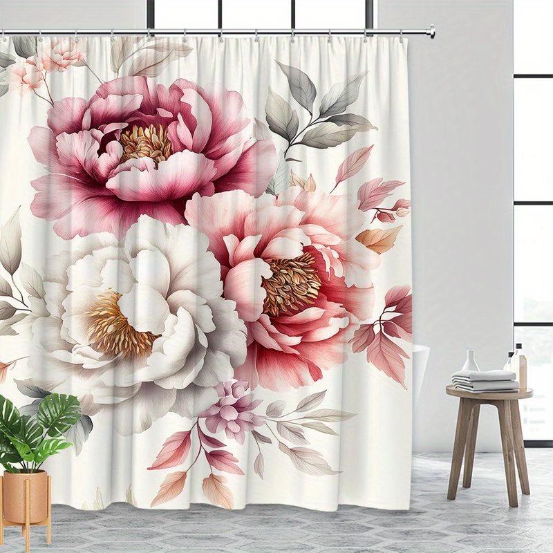 1 Piece Of Elegant White And Pink Peony Shower Curtain, Polyester Fabric, Machine Washable, Suitable For Bathroom Decoration