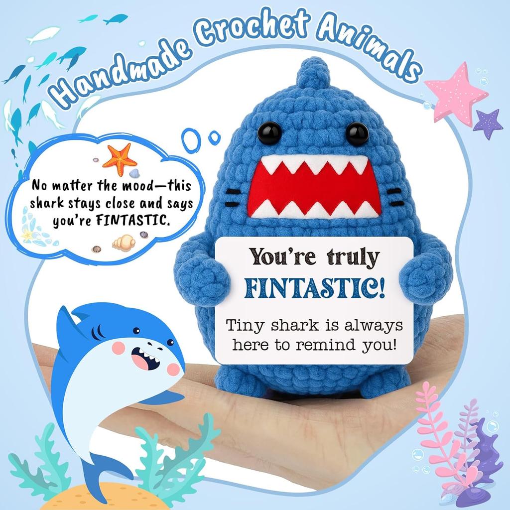 Funny Positive Crochet Shark Doll Desktop Ornament Handmade Cheer Emotional Support Positive Shark with Card Home Party Decor