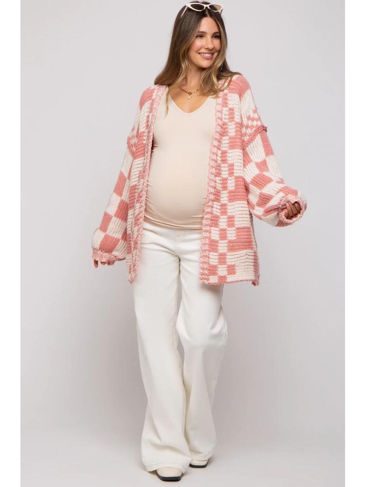 

Multi Color Loose Fit Plaid Pattern Open Front Cardigan Sweater XXXL світло-рожевий колір