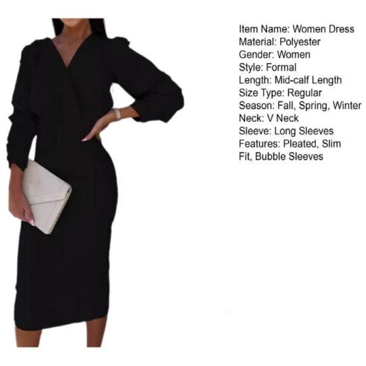 Abiti Casual da Donna - Autunno Primavera Abito Formale da Ufficio da Donna Scollo a V Maniche a Bolle Business Slim Fit Vita Alta Monocolore Abbigliamento da Pendolari OL