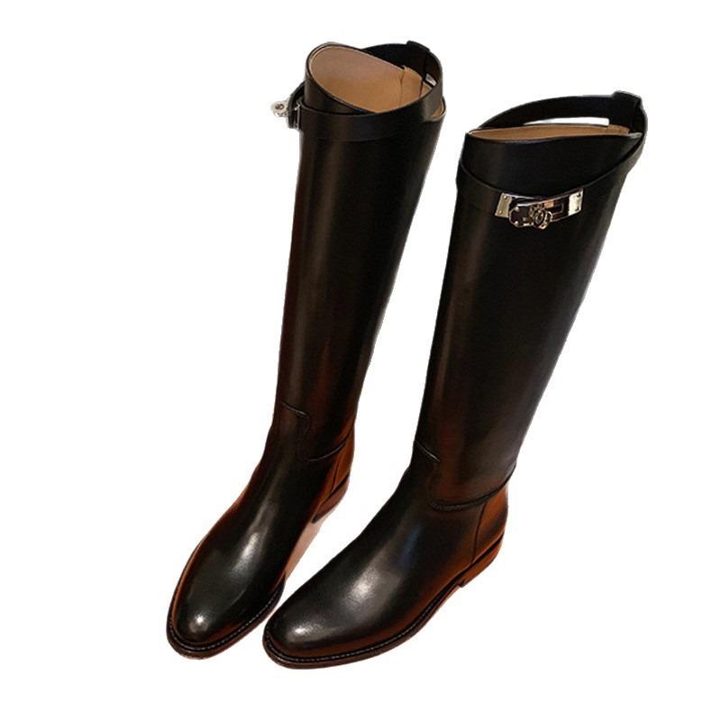 Cowhide Version~ Autumn and Winter New Pointed Thick Heel Knight Boots Commuting Medium and High Boots Women