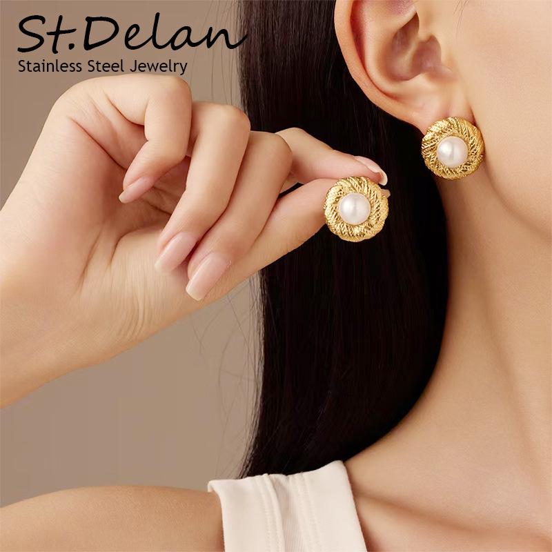 European-American Retro Titanium Steel Geometric Stud Earrings with Pearl & Shell Inlay for Women