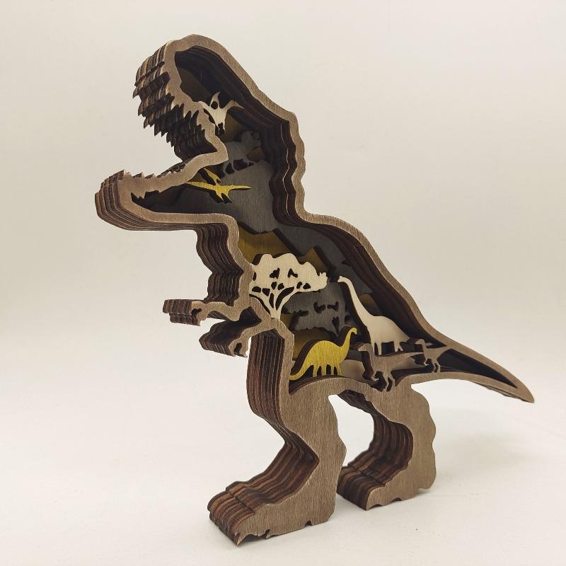 1pcs Wooden Carved Dinosaur Craft Creative Home Decor Dinosaur Ornament Animal Sculpture Desktop Decoration for Home & Office
