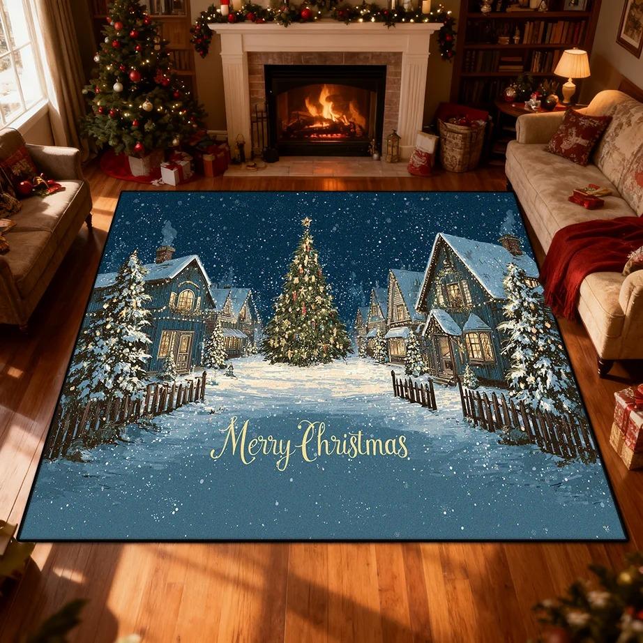 Merry Christmas Night Carpet Rug Snowy Village Tree Home Decoration Mat Festive Traditional Xmas Living Room Decorative Scene
