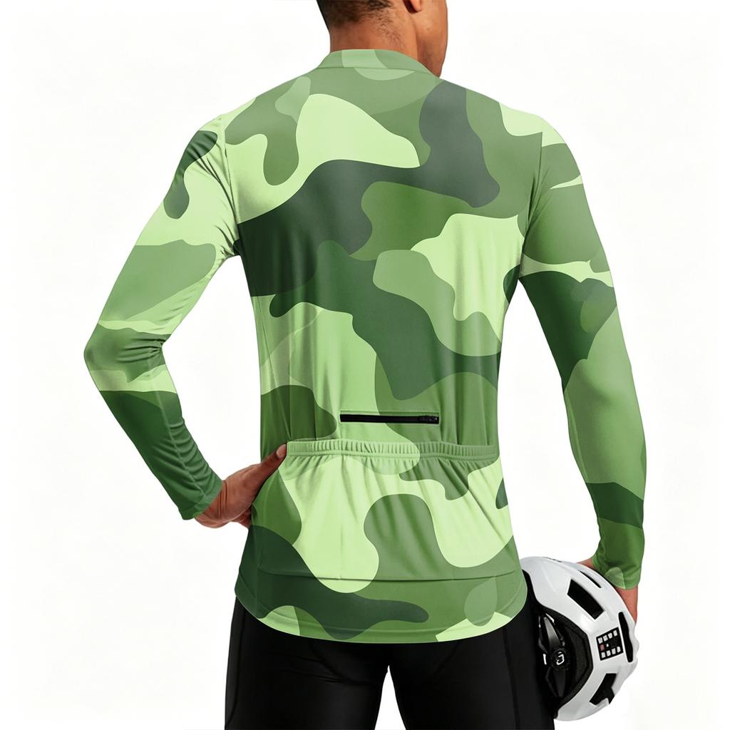 Men’s Crew Neck Printed Zip Breathable Quick Dry Long Sleeve Cycling Jersey with Digital Camouflage Pattern for Outdoor Sports Activities