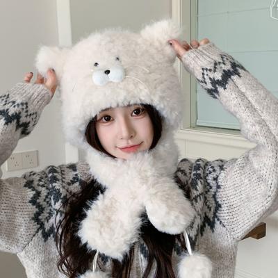 2-in-1 Bear Ears Plush Hat with Scarf Women Winter Warm Hooded Beanie Face Slimming Sweet Trapper Cap