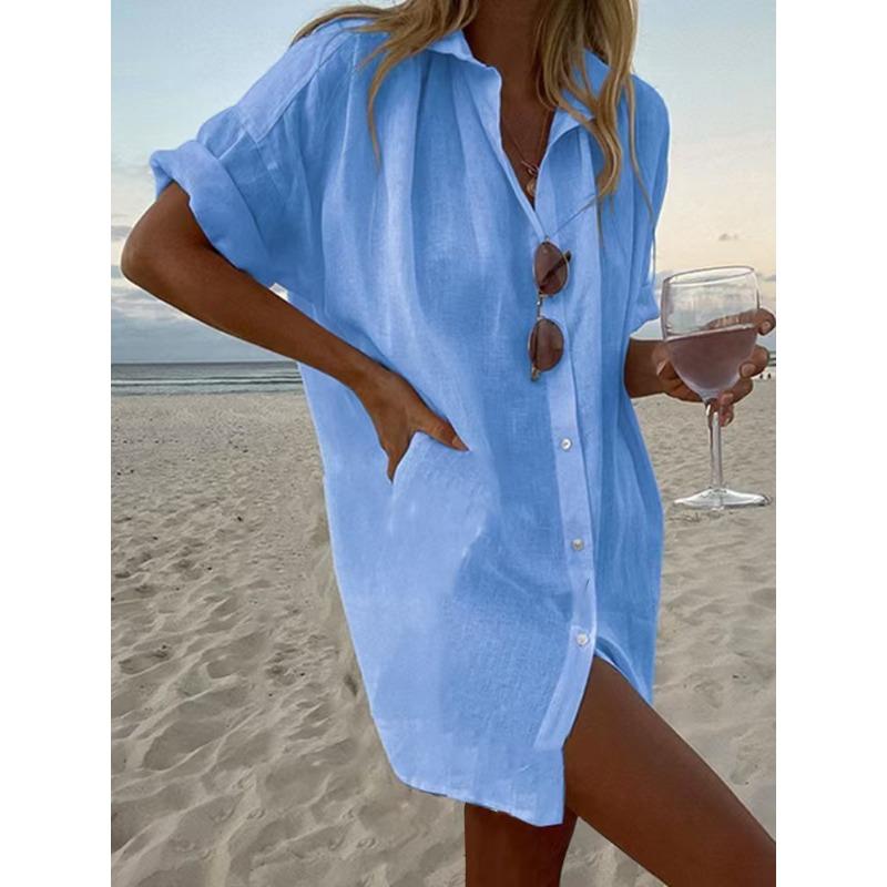 

Womens Casual Long Length Short Sleeve Loose Turn Down Collar Shirt S синій