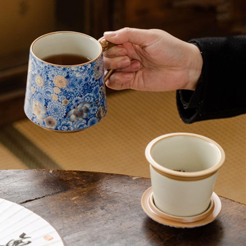 Chinese Ru Kiln Ceramic Tea Cup Mug with Lid and Strainer Retro Handmade Thermos Cup Tea Water Separation Cup Travel Teaware