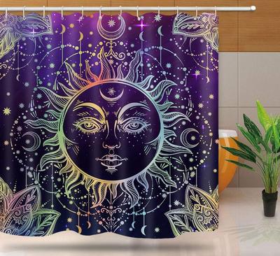 Witchy Sun Moon Shower Curtain, Burning Sun With Star Psychedelic Theme Bath Curtain, Washable Upgrade Polyester Fabric