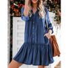 Vestido de Mezclilla de Manga Larga: Vestido corto de cuello alto clásico con bajo peplum, cierre de botones en la parte delantera, cuello en V y bolsillos, atuendo versátil para mujer