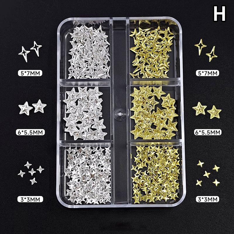 6/12Grids Metal Bow Nail Art Charm Gold Silver 3D Star/Cross Nail Rivet Starlight Nail Decoration Parts Diy Manicure Accessories