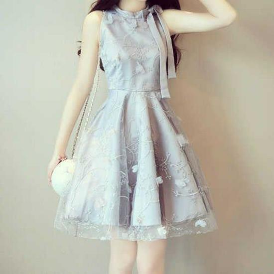 Summer Sweet Lace Bow 3D Floral Embroidery Puffy Princess Dress S серый