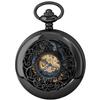 Black Vintage Skeleton Engraved Mechanical Pocket Watch with Chain Fashion Men Women Hand Winding Blue Roman Numerals Clock