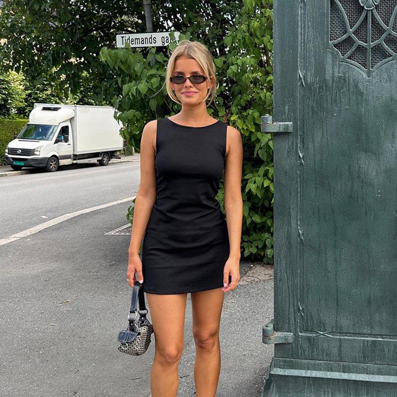 Summer Pure Color Round Neck Sleeveless Hip-hugging Casual Women's Dresses