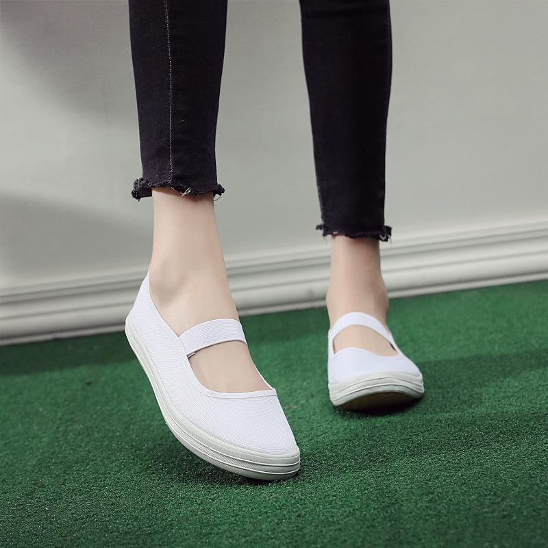 Women's White Non-Slip Elastic Band Flats - Comfortable for Work, Nursing, Dance, Spring & Autumn.