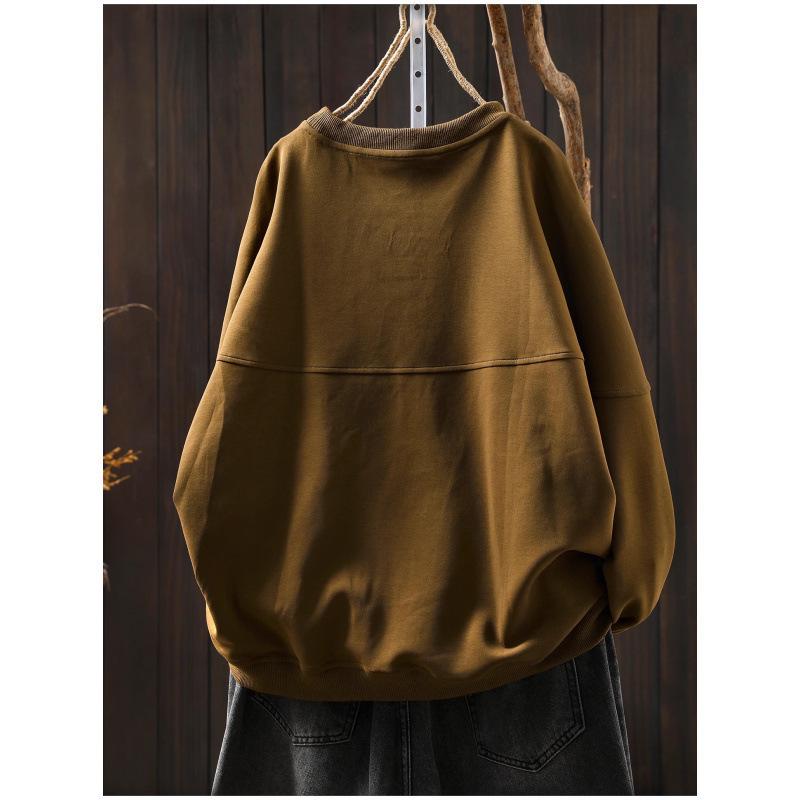 Women's Chic Loose-Fit Retro Sweatshirt with Round Neck, Appliqué & Contrast Stitching - Long Sleeve Casual Top