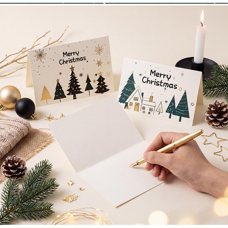 6Pcs Christmas Card Set with Envelopes & Stickers Minimalist Gold Black Tree Snowman Reindeer Holiday Greeting Cards
