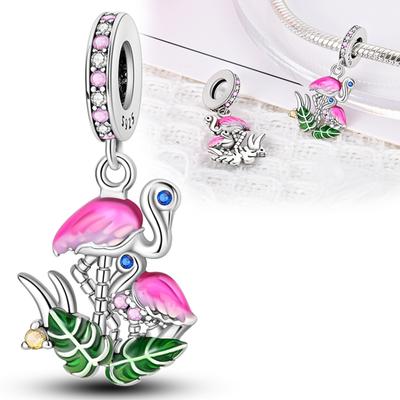 Charms Plata Flamingo Eltern-Kind Grüne Blätter Anhänger Passend für Authentische Armbänder Perlen Für Frauen Schmuck Handgefertigtes Handwerk Geschenke