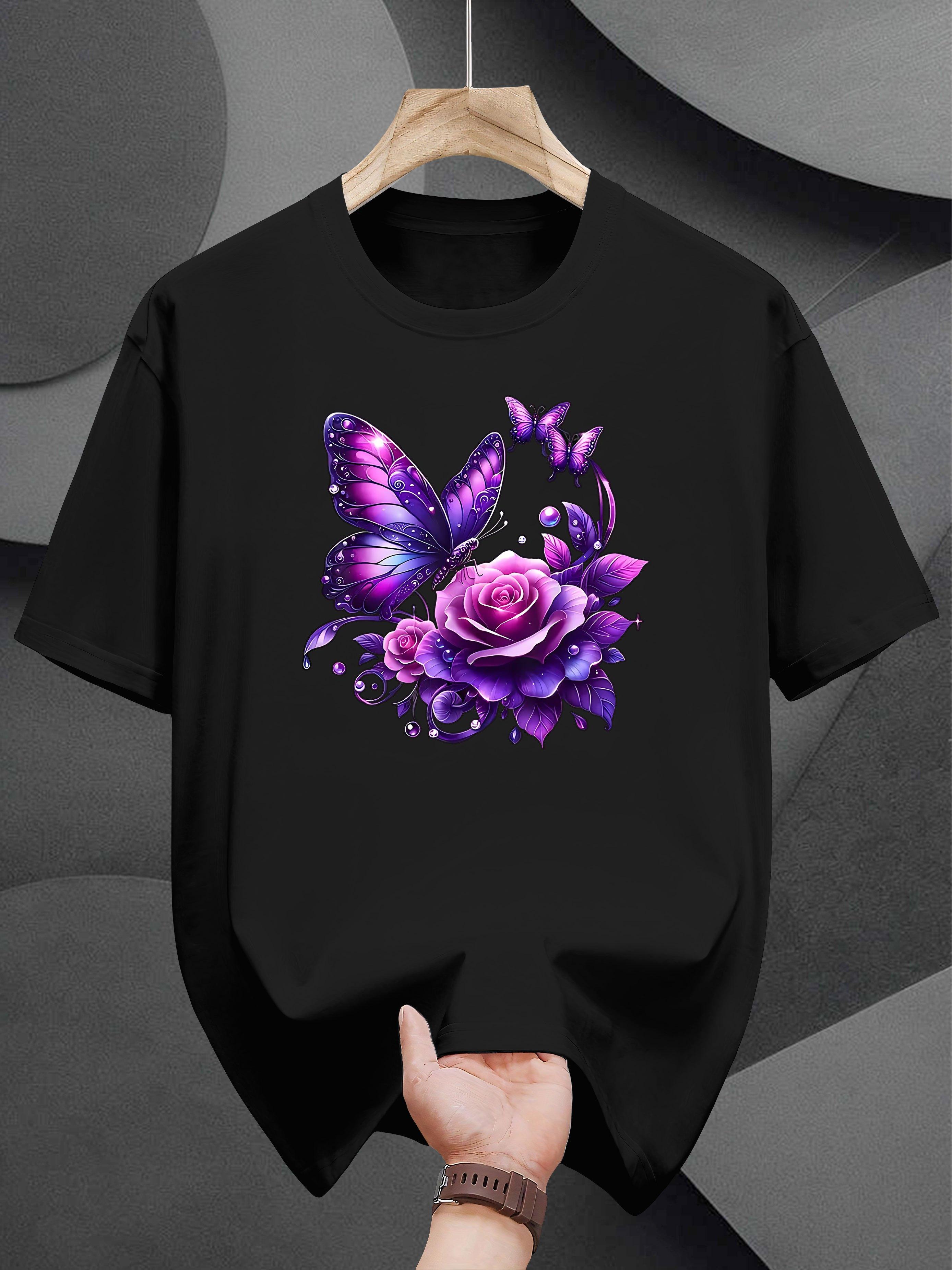 Heavyweight Cotton T-shirt - Black Floral Tee with Purple Roses & Butterflies S