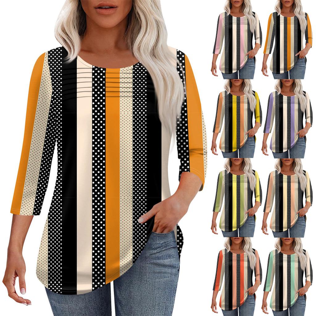 Dámský módní top s kulatým výstřihem, plisovanou přední légou, jednobarevný, s 3/4 rukávy