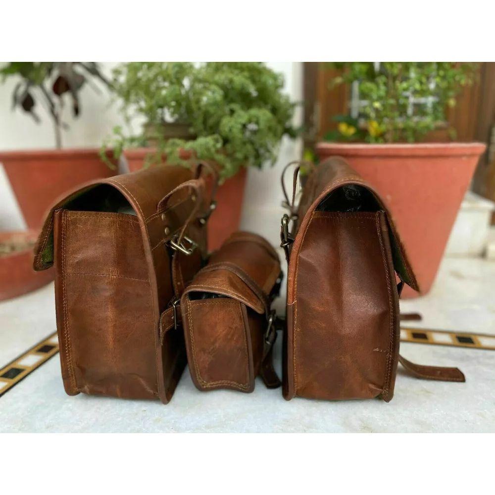 Saddlebags Motorcycle Side 3 Pouch Leather Panniers 3 Bags (2 Large + 1 Small)