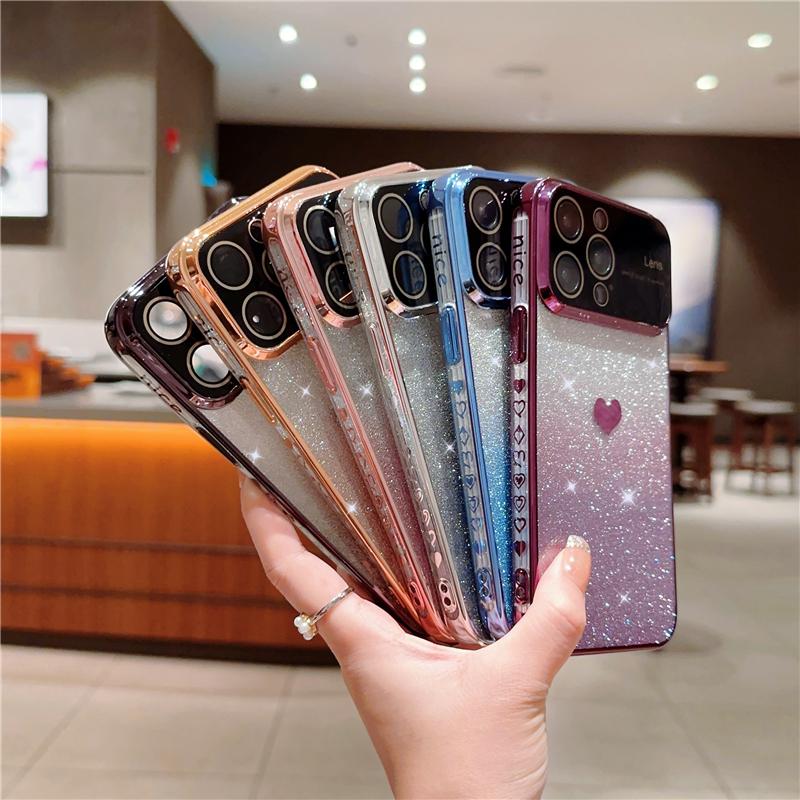 Luxury Plating Heart Love Bumper Flash Gradual Phone Case For iPhone 14 13 12 11 Pro Max Lens Protector On 14 Plus Glitter Cover