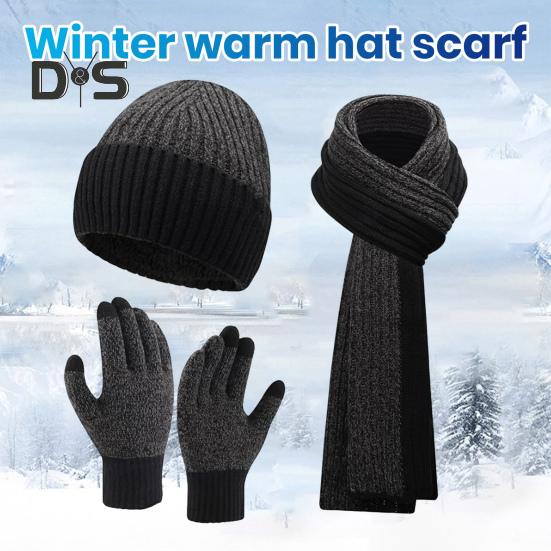3 Pcs/Set Unisex Winter Beanie Scarf Gloves Set Thick Knitted Warm Cap Touchscreen Gloves Elastic Ear Protection Windproof Winter Outdoor Cycling
