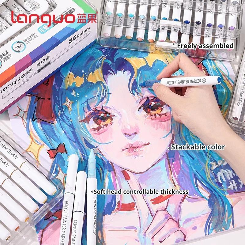 LANGUO 60Colors/box Direct Liquid Acrylic Paint Marker Pens Set Brush Color Marker Pen for DIY Painting Drawing Ceramic Glass
