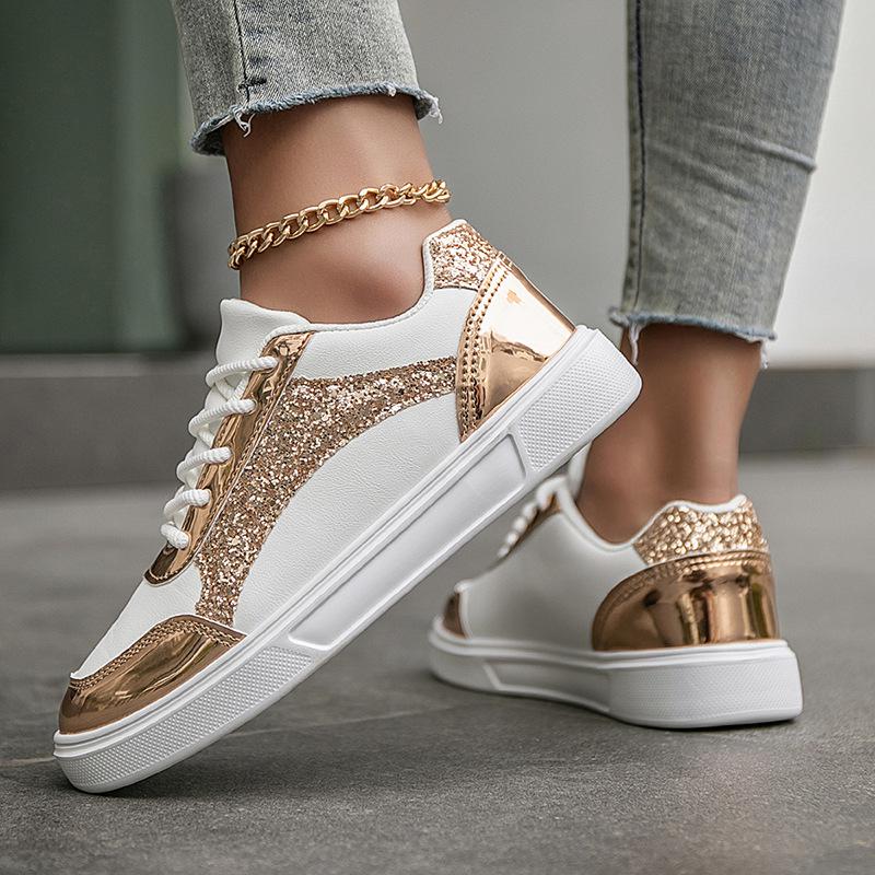Spring Sequins Platform Sneakers Leather Lace up Casual Sport Shoes For Women Outdoors Non-slip Sneakers Thick Sole Shoes