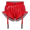 Women's Wet Look PU Leather Briefs S-3XL: Ruffled Trim Ruched Bloomer Shorts with Garter Clips Glossy Nightwear for Nightclub Rave Party