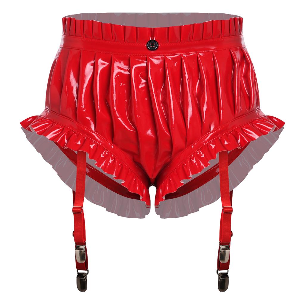 Women's Wet Look PU Leather Briefs S-3XL: Ruffled Trim Ruched Bloomer Shorts with Garter Clips Glossy Nightwear for Nightclub Rave Party