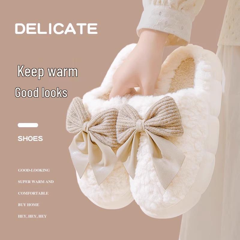 Women's Bow Cotton Slippers: Warm, Thick-Soled, Non-Slip, Plush Home Footwear for Autumn and Winter