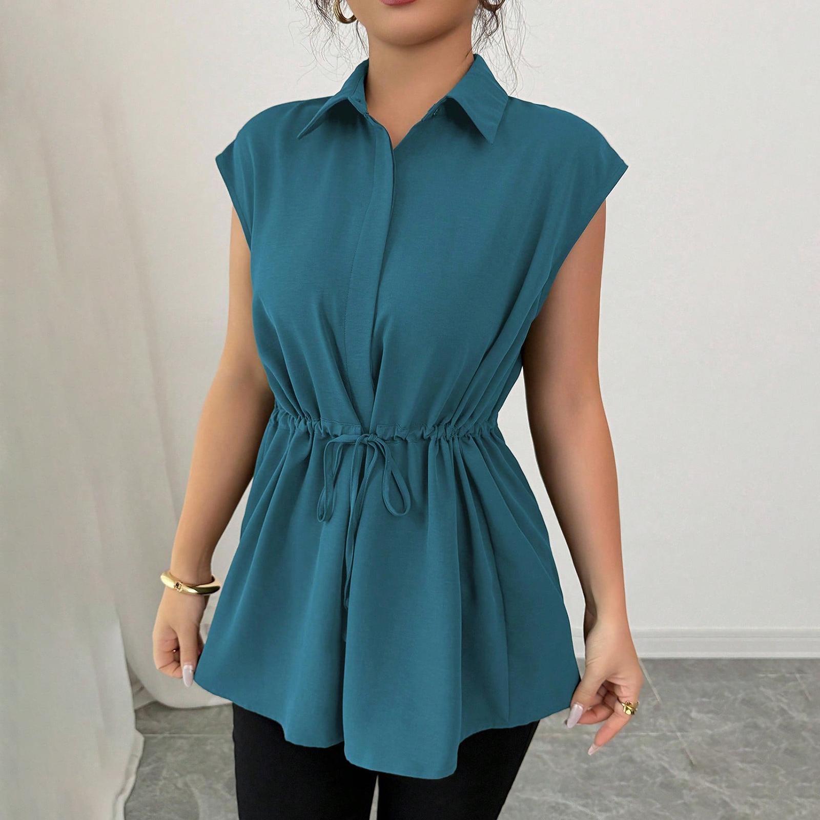 

Women s Fashionable Loose Lace Waistband Single Breasted Color Lapel Short Sleeved Top L