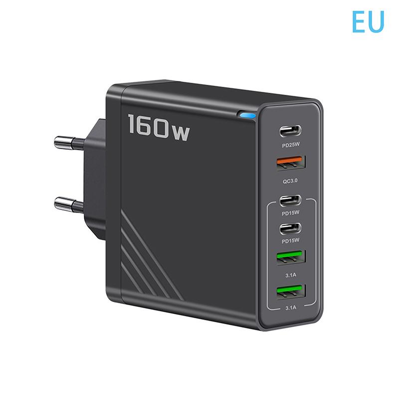 160W 6-Port Fast Charging Usb Type C Quick Charge Pd Qc3.0 Wall Charger Adapter For Iphone Xiaomi Samsung Huawei Phone Charger