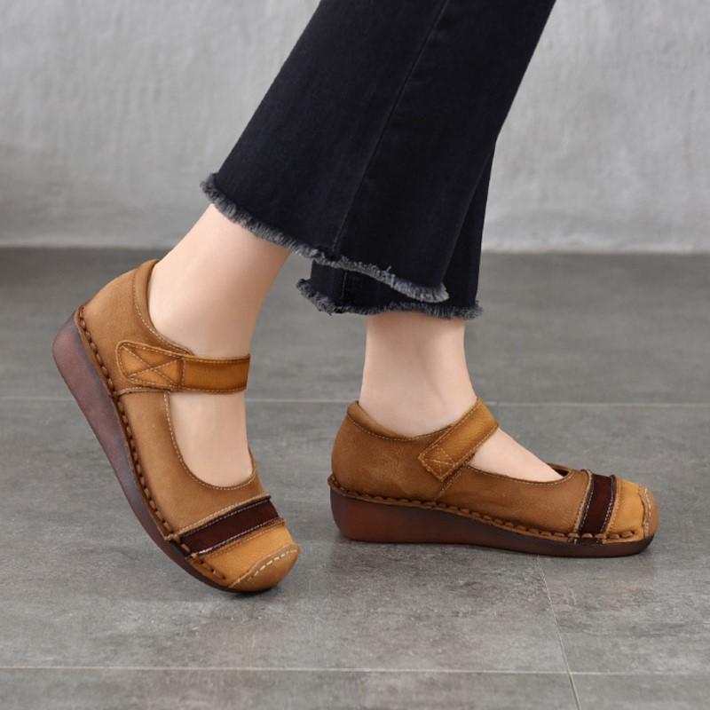 Johnature Retro Round Toe Genuine Leather Women's Shoes Cowhide Soft Sole Mixed Colors Wedge Heel Shoes